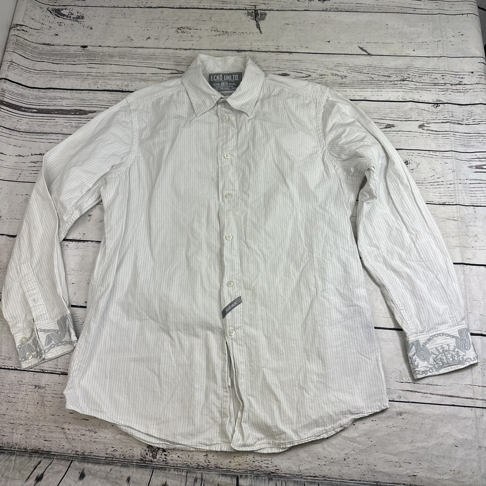 Ecko Unltd Mens Medium White Pinstripe Long Sleeve Button Down Embroidered Cuffs